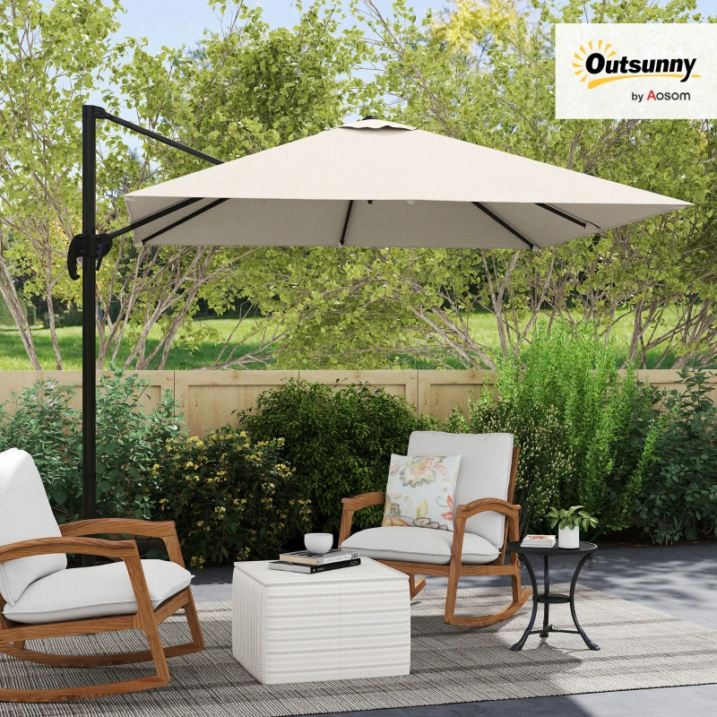 Outsunny 2.5 x 2.5m Patio Offset Parasol Umbrella Cantilever Hanging Aluminium Sun Shade Canopy Shelter 360° Rotation with Crank Handle and Cross Base, Cream White