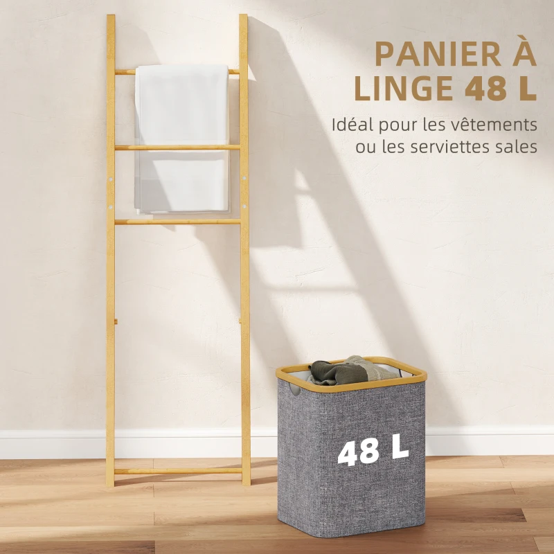 HOMCOM Porte-serviettes bambou avec panier à linge, échelle porte-serviettes avec 1 panier à linge, 43 x 35 x 133 cm, gris