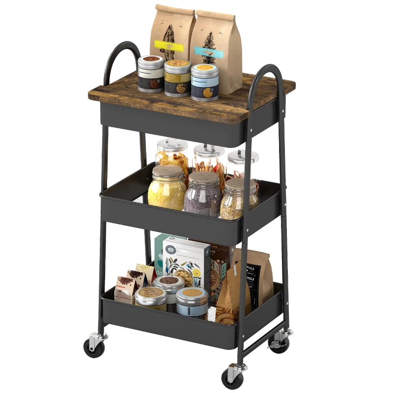 HOMCOM 3-Tier Kitchen Storage Trolley with on Wheels Cover Top Board - Rustic Brown and Black