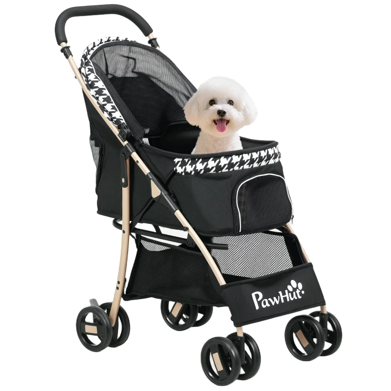 PawHut Carrito para Mascotas con 2 Puertas Ventana de Malla Cesta de Almacenamiento Cuerda de Seguridad 80x44,5x97 cm Negro