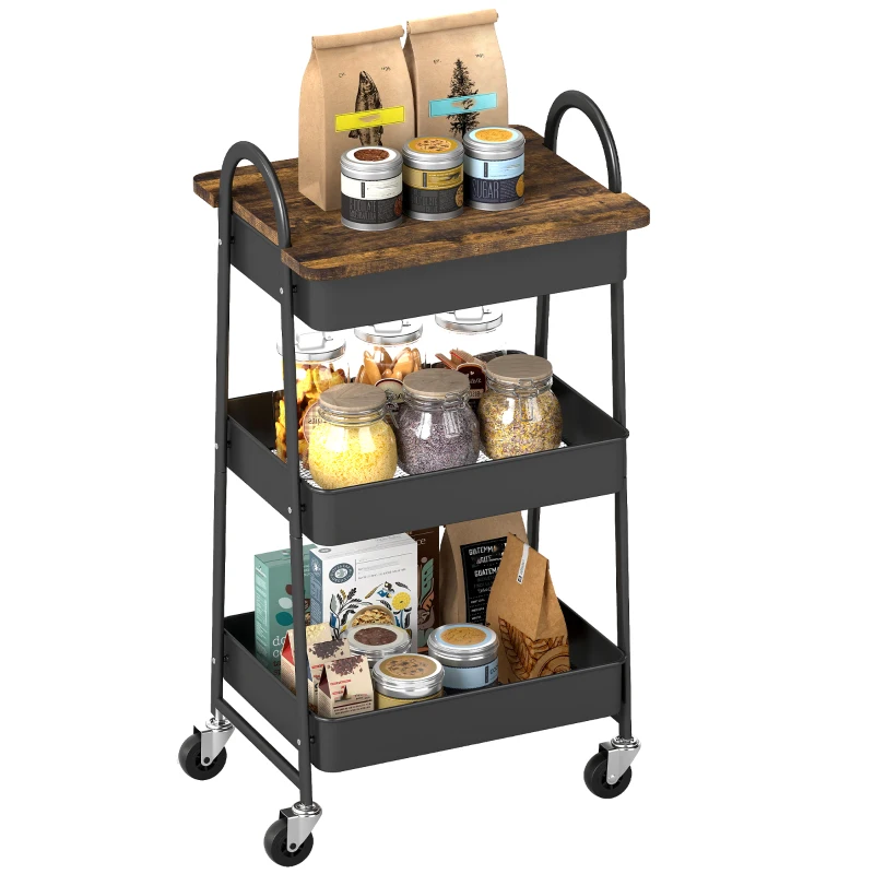 HOMCOM 3-Tier Kitchen Storage Trolley with on Wheels Cover Top Board - Rustic Brown and Black