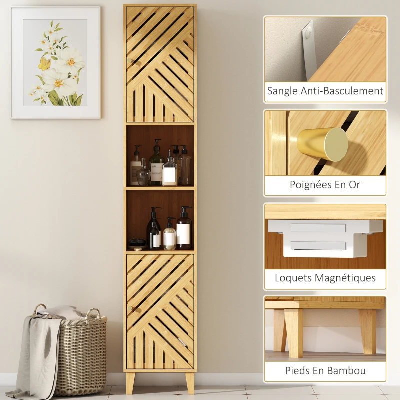 HOMCOM Armoire salle de bain, meuble de rangement colonne, portes en bambou, étagères réglables, 32x30x170cm, bois naturel