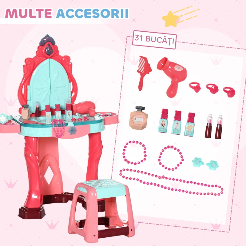 AIYAPLAY Masă de Machiaj pentru Fetițe cu Scăunel, Oglindă, Lumini și Accesorii, 57x34x76 cm, Multicolor