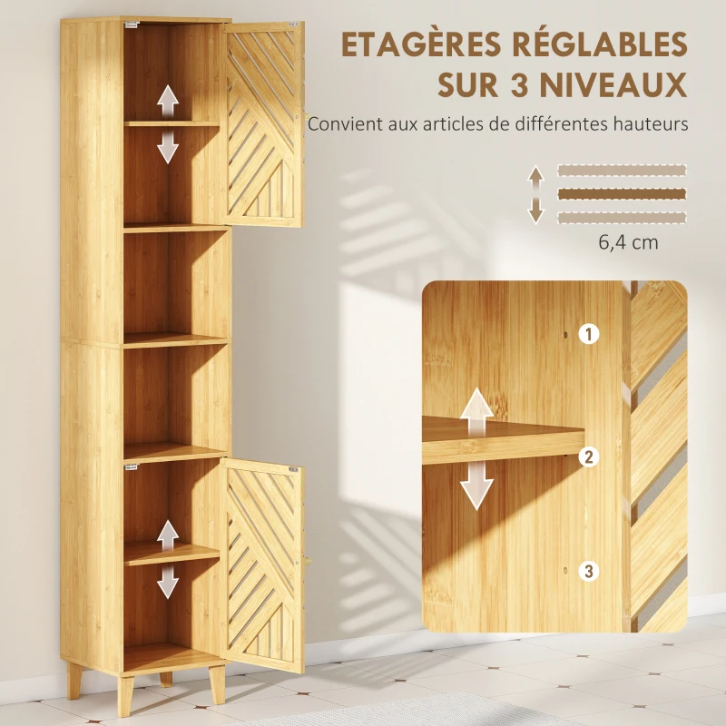 HOMCOM Armoire salle de bain, meuble de rangement colonne, portes en bambou, étagères réglables, 32x30x170cm, bois naturel