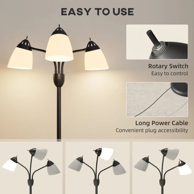 HOMCOM Arc Tree Floor Lamp with 3 Adjustable Rotating Lights and 3000K/4500K/6500K Colour Temperatures, Industrial Standing Lamp with Steel Frame for Bedroom Living Room, 155cm, Black
