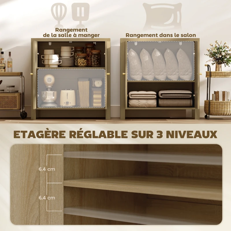 HOMCOM Buffet cuisine, meuble de rangement avec 2 portes effet rotin et étagère réglable, 75 x 38 x 77 cm, bois naturel