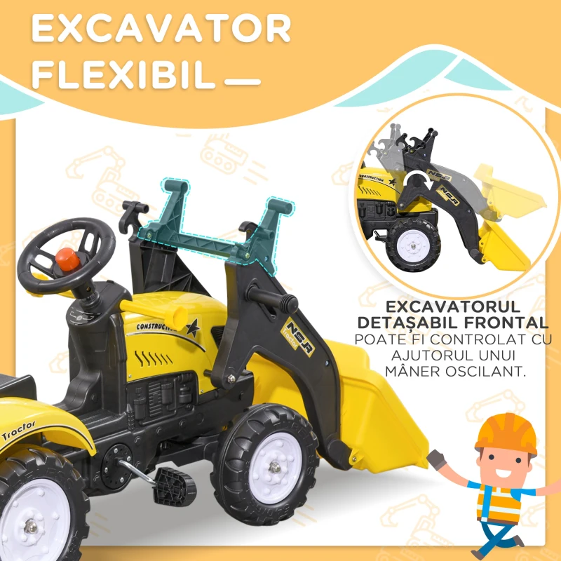 HOMCOM Excavator, Tractor cu Pedale pentru Copii de 3 Ani cu Cupă Frontală și Remorcă Detașabilă, 167x41x52 cm, Galben(m-4)