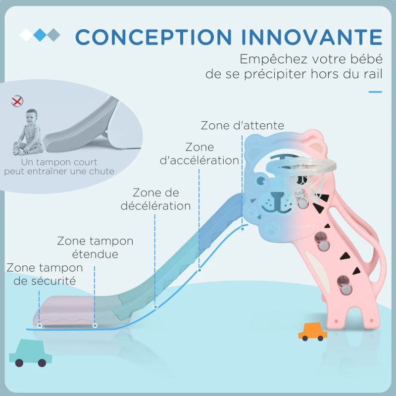 AIYAPLAY Toboggan pour enfants, toboggan intérieur pour enfants, avec panier de basket, thème tigre, de 18 à 36 mois, rose