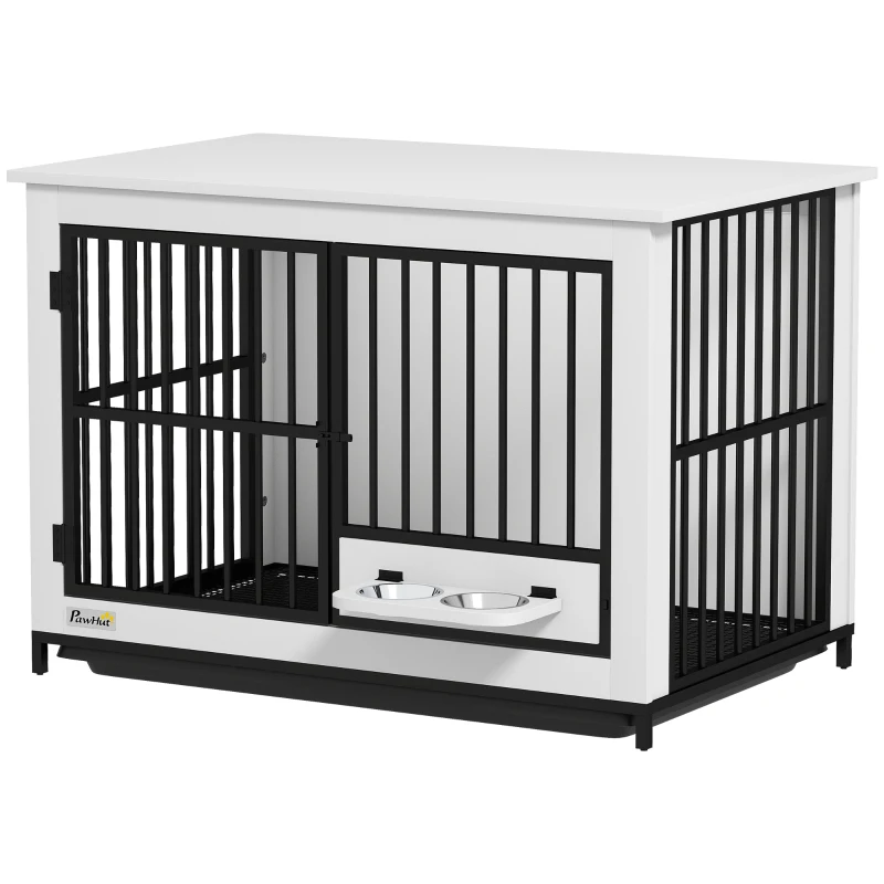 PawHut Grande Cage pour Chien, accès facile, verrouillable, support de bol pivotant, pour petits et grands chiens, Blanc