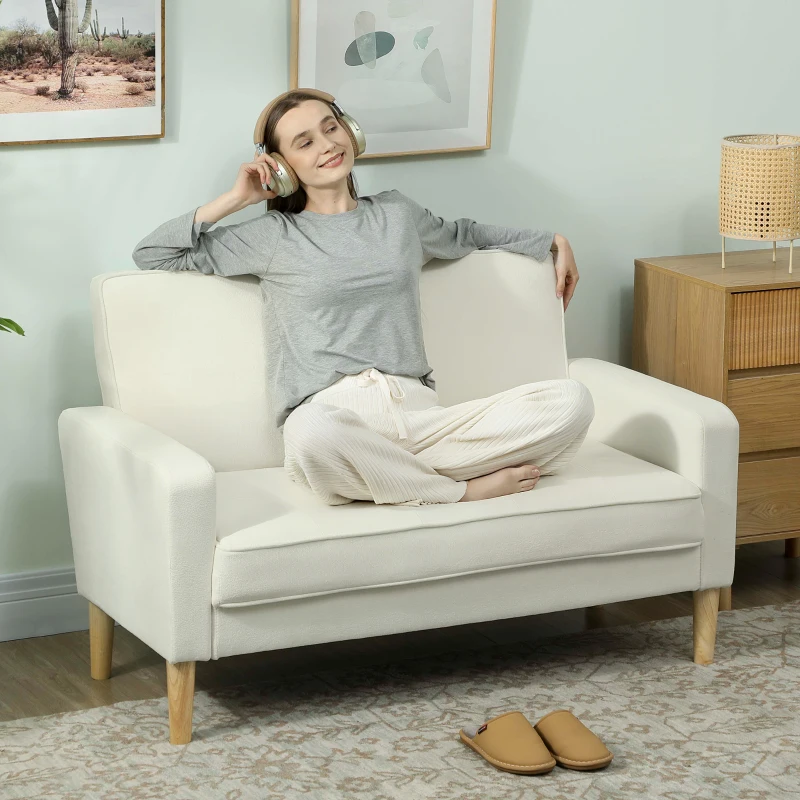 HOMCOM Sofá de 2 Lugares Estofado em Veludo com Assento Capitonê e Pés em Madeira para Espaços Pequenos 130x74,5x82 cm Creme
