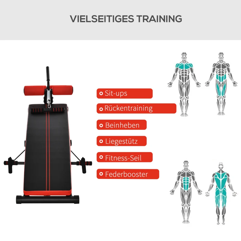HOMCOM Trainingsbank Sit-Up-Bank Bauchtrainer Multifunktion mit Trainingsbändern Fitness Stahl Schwarz 139 x 58 x 71-81 cm
