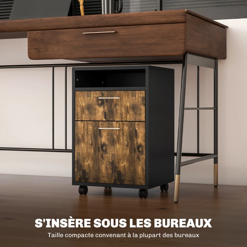 HOMCOM Caisson de bureau à roulettes avec tiroir placard niche pour documents et dossier suspendu 40 x 35 x 60 cm brun rustique