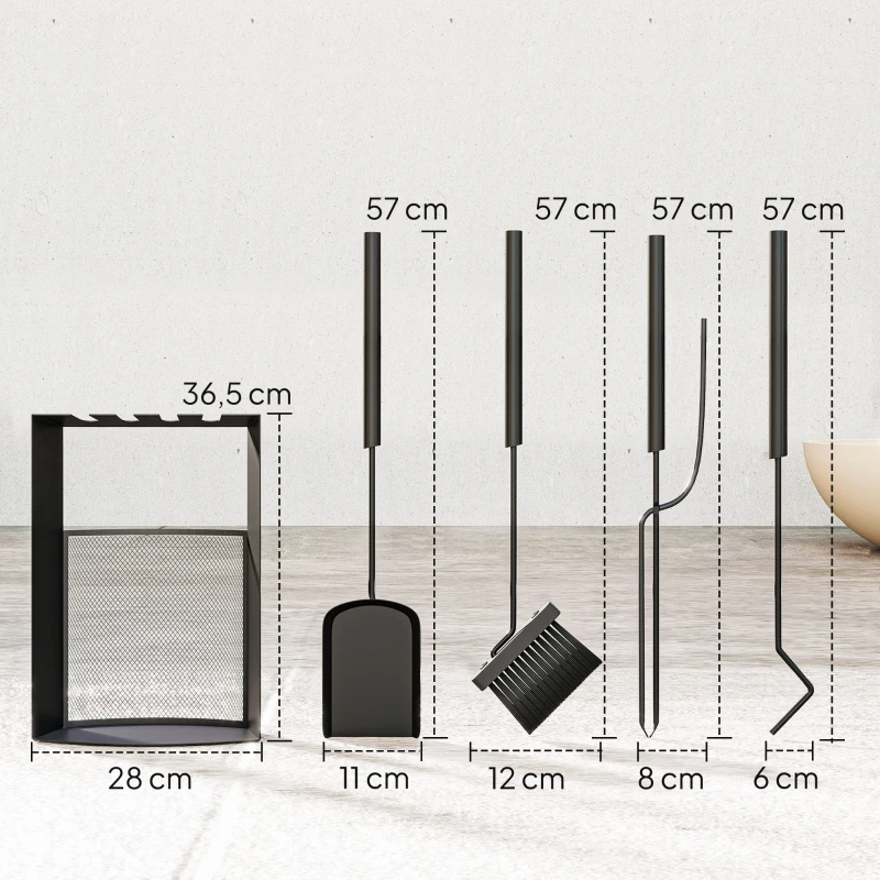 Outsunny Ensemble serviteur de cheminée 5 pièces métal avec balai, pelle, tisonnier, paire de pinces et support 28x13x59,5cm noir