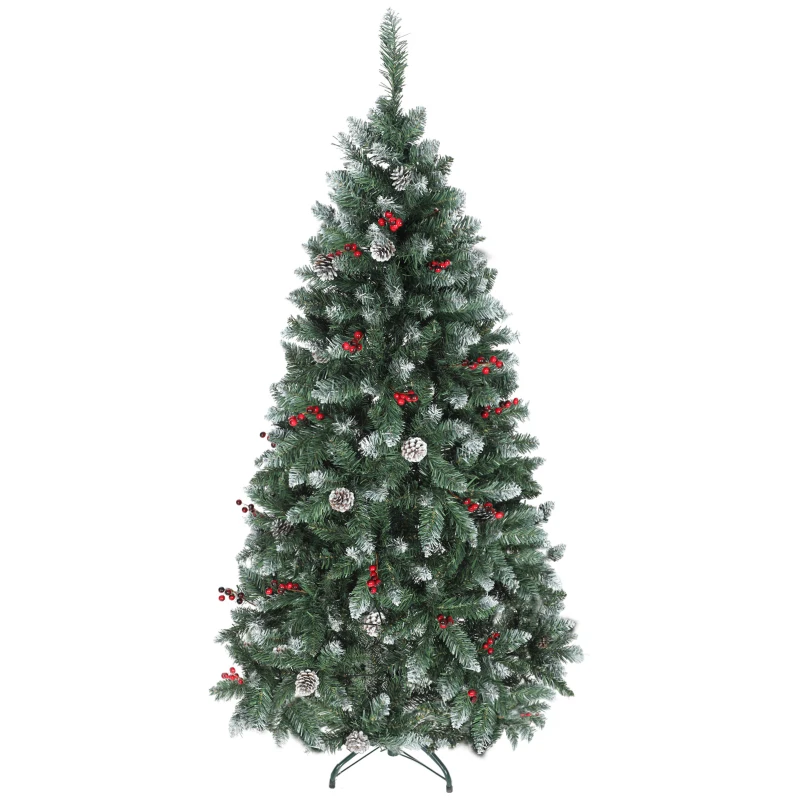 HOMCOM Arbre de Noël Haut 180 cm d'Intérieur avec 620 Branches, Pignes et Baies Rouges, Base en Métal, Vert