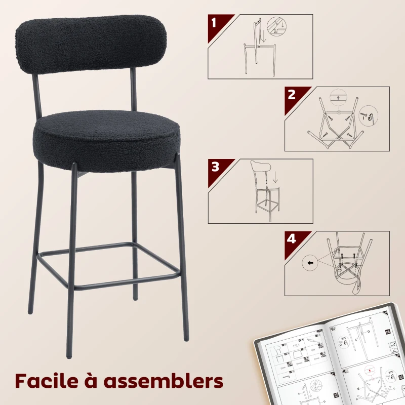 HOMCOM Lot de 2 tabourets de bar en tissu bouclette, chaises de bar avec dossier courbé, repose-pieds, 49x52x95cm, noir
