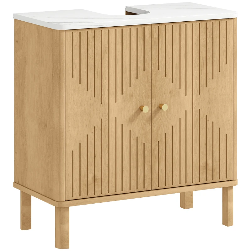 HOMCOM Mueble de lavabo, mueble de baño bajo lavabo estante ajustable encimera efecto mármol 60x30x63cm roble