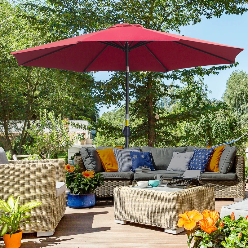 Outsunny 3m Parasol Patio Umbrella, Outdoor Sun Shade with Tilt and Crank Handle for Balcony, Bench, Garden, Wine Red