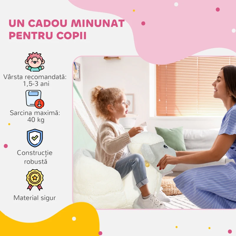 AIYAPLAY Cal Balansoar pentru Copii 1-3 Ani din Lemn și Pluș cu Centură de Siguranță, Pedale și Sunete, 68x35x55 cm, Gri
