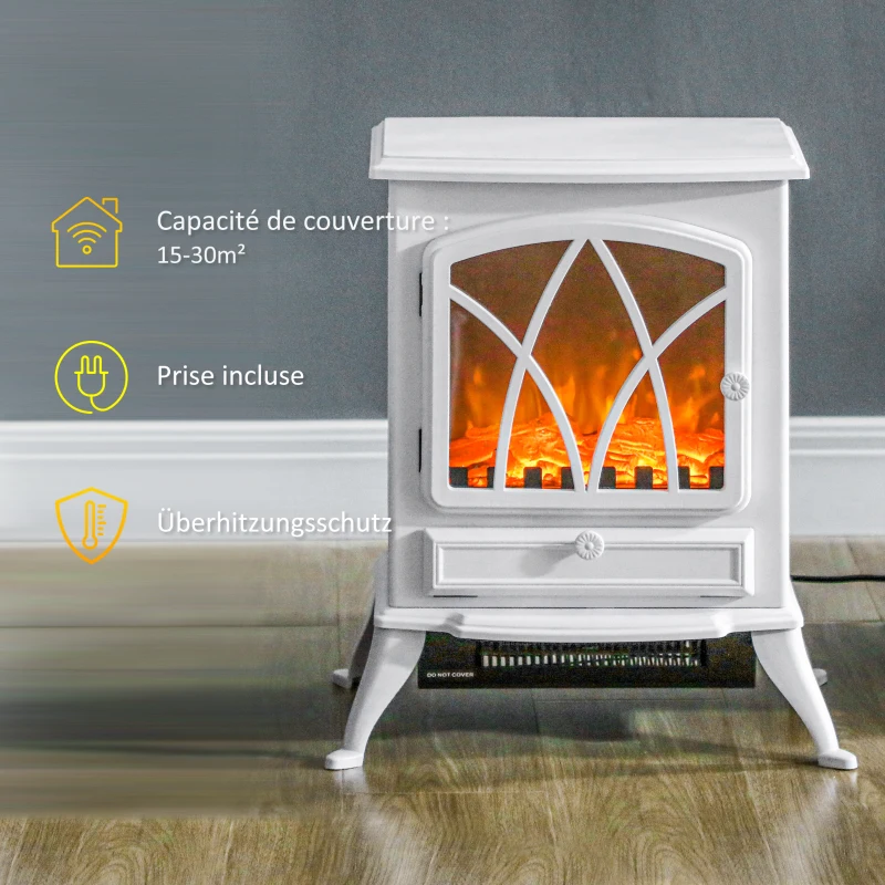 HOMCOM Cheminée électrique sur pied 1000/2000 W, fausse cheminée décorative avec effet flamme LED, blanc