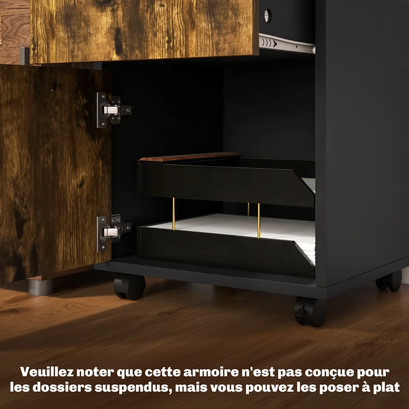 HOMCOM Caisson de bureau à roulettes avec tiroir placard niche pour documents et dossier suspendu 40 x 35 x 60 cm brun rustique