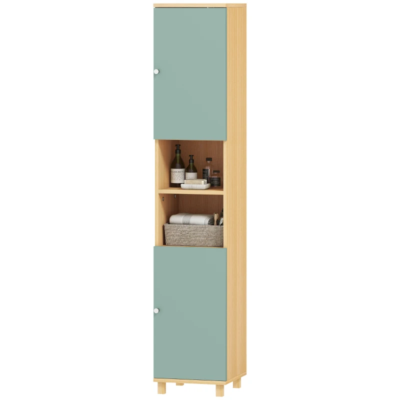 HOMCOM Mobiletto da bagno con 2 ante e 2 scomparti aperti, ripiani regolabili, 30 x 30 x 166 cm, Verde
