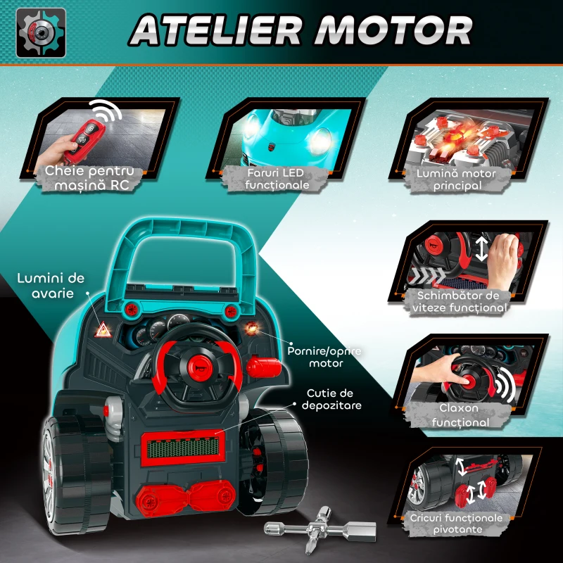 Homcom Atelier Jucarie Camion – Motor & 61 Accesorii, cu Roti si Maner