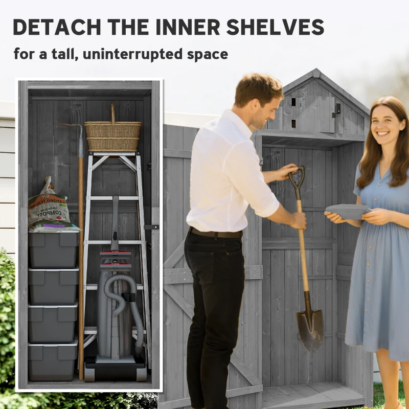 Outsunny Garden Shed Vertical Utility 3 Shelves Shed Wood Outdoor Garden Tool Storage Unit Storage Cabinet, 77 x 54.2 x 179cm - Grey(m-5)