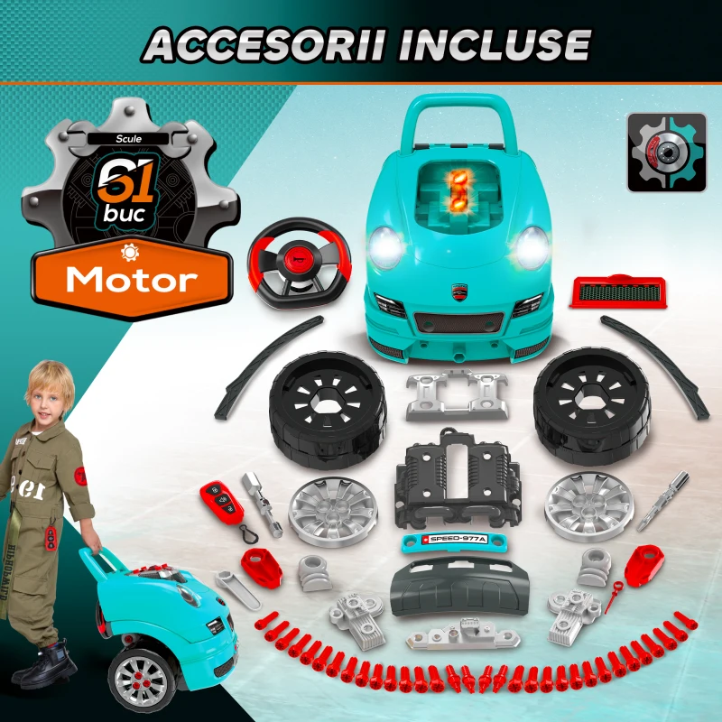 Homcom Atelier Jucarie Camion – Motor & 61 Accesorii, cu Roti si Maner