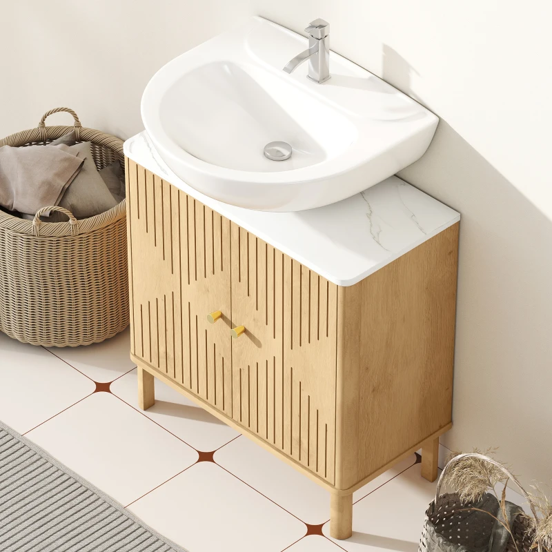 HOMCOM Mueble de lavabo, mueble de baño bajo lavabo estante ajustable encimera efecto mármol 60x30x63cm roble