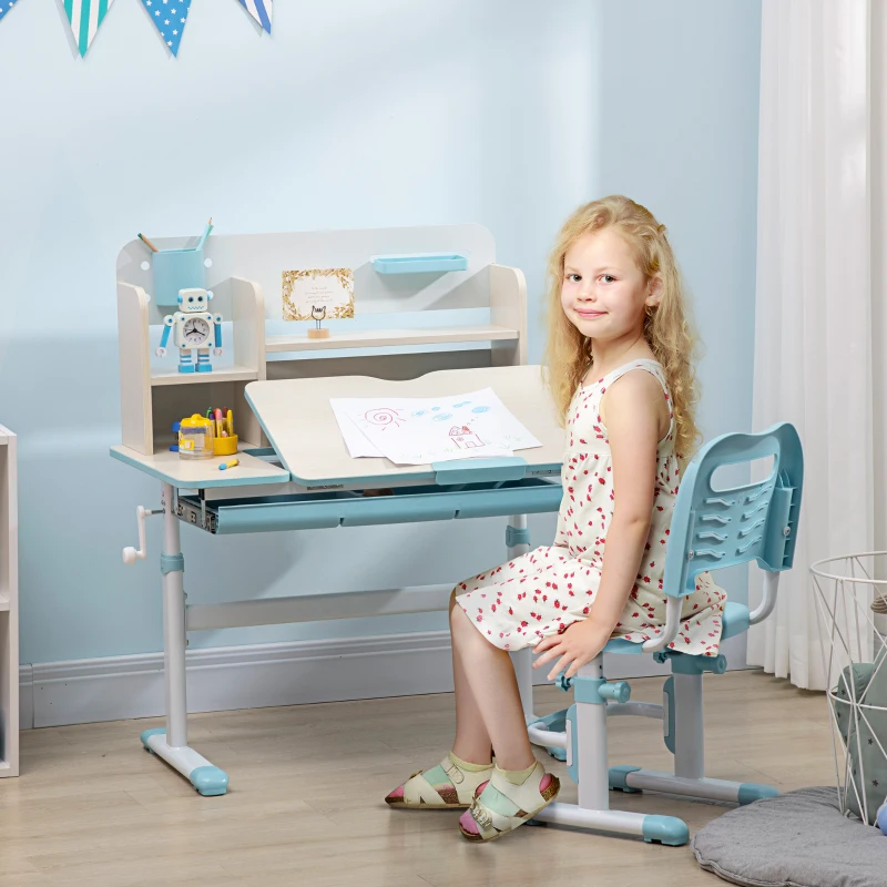 HOMCOM Set Schreibtisch und Stuhl für Kinder ab 3 Jahren verstellbar, Tisch neigbar auf 60° mit Schublade und Regalen, Blau