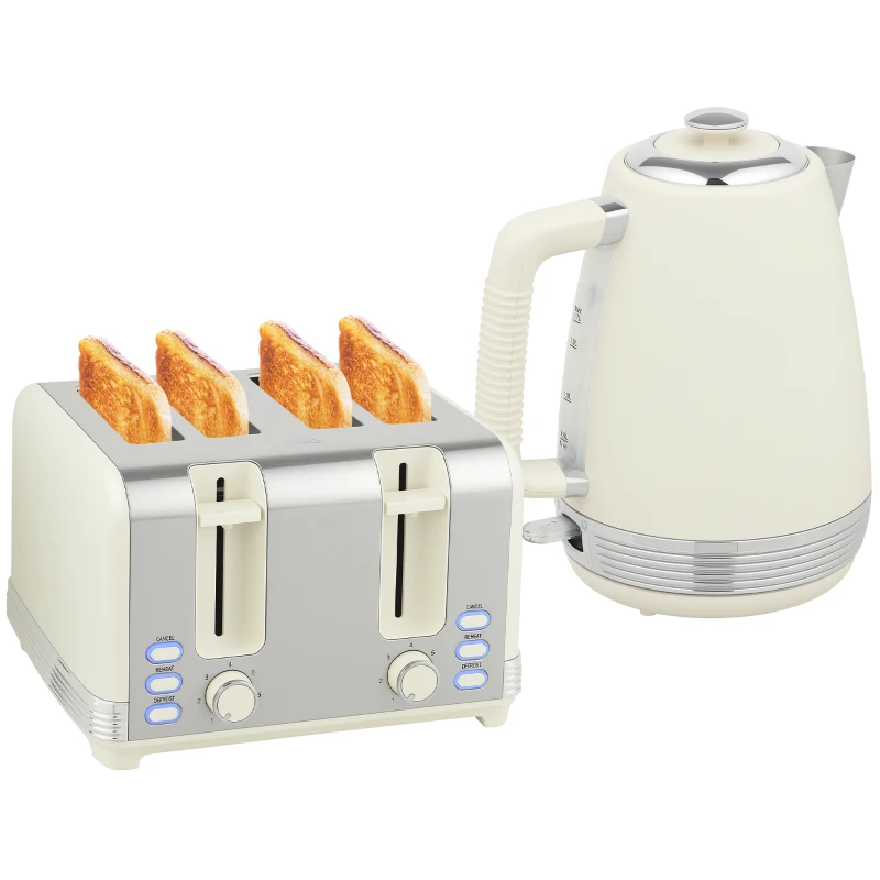 HOMCOM Set Bouilloire et Grille-Pain, 1,7 L, 2200W, Thermostat Strix, Filtre, Grille-Pain 4 Fentes, 7 Niveaux de Brunissage, Tiroir Ramasse-Miettes