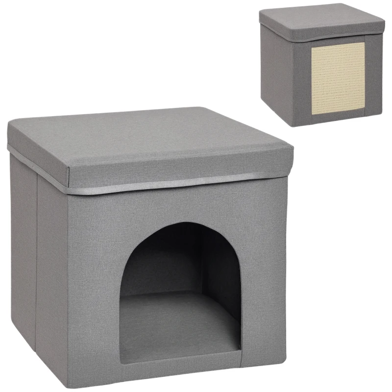 PawHut Casetta per Gatti Pieghevole a Cubo con Cuscino e Tappetino Tiragraffi, 36.5x36.5x36.5 cm, Grigio