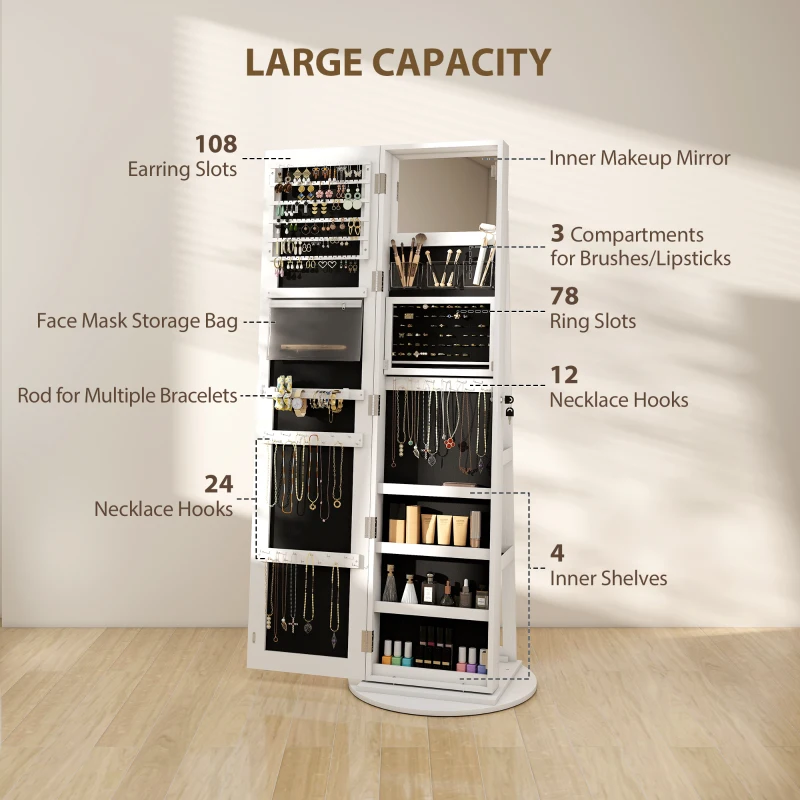 HOMCOM Storage Jewellery Cabinet, with Mirror and Lights - White