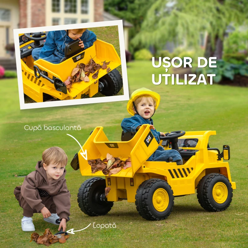 AIYAPLAY Excavator de Călărit cu Licență, cu Telecomandă, Tractor pentru Copii cu Cupă, Lopată, Muzică, Difuzor, Faruri, 110x70.5x61.5 cm, Galben(m-5)
