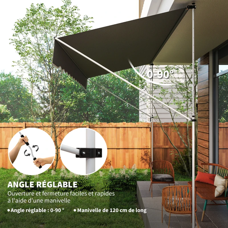 Outsunny Store banne Manuel rétractable 4L x 1,2l m Auvent Téléscopique sans Perçage Inclinaison et Hauteur réglable Installation Rapide métal alu Polyester Anti-UV Gris foncé