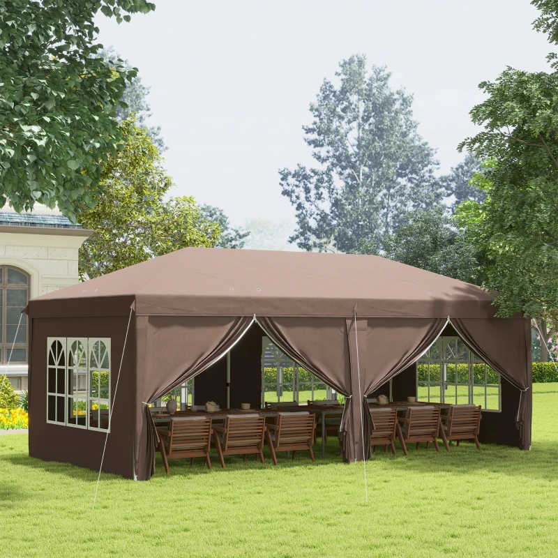 Outsunny 3 x 6 m Pop Up Gazebo with Sides and Windows, Height Adjustable Party Tent with Storage Bag for Garden, Camping, Event, Brown(m-10)