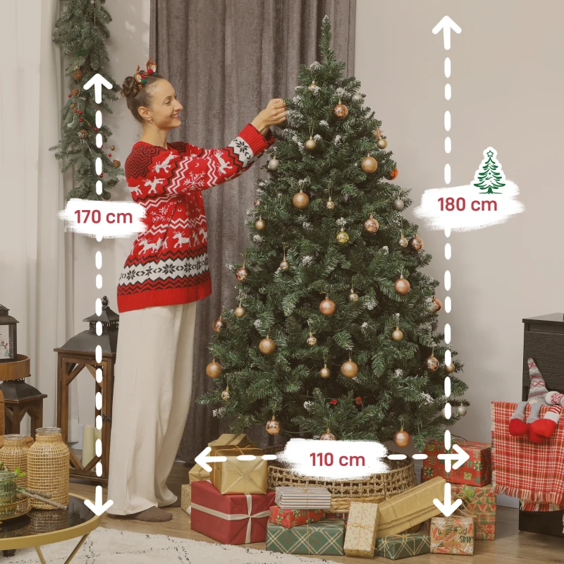 HOMCOM Albero di Natale da 180 cm, con Luci LED 9 Modalità di Illuminazione, 802 Rami, con Neve Artificiale, Verde