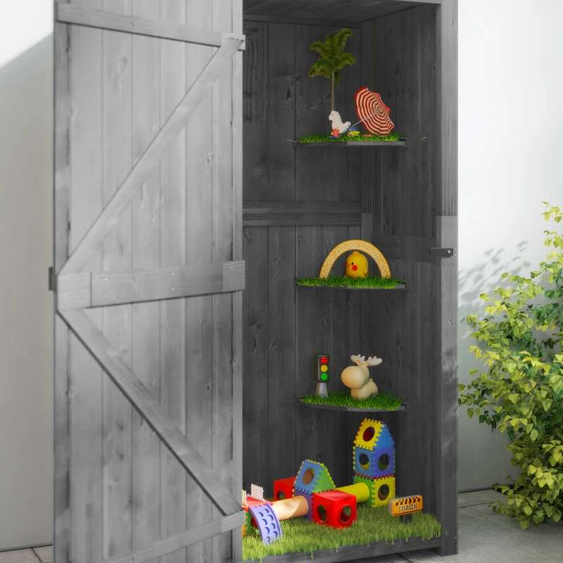 Outsunny Garden Shed Vertical Utility 3 Shelves Shed Wood Outdoor Garden Tool Storage Unit Storage Cabinet, 77 x 54.2 x 179cm - Grey(m-9)
