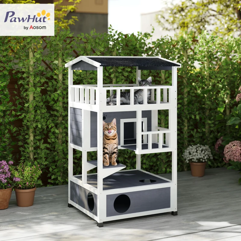 PawHut Wooden Cat House Den 3-Tier Outdoor Kitten Shelter Lodge w/ Tilted Roof Terrace Jump Step Bottom Tray Elevated Base Waterproof Paint 140 x 78 x 76cm Grey