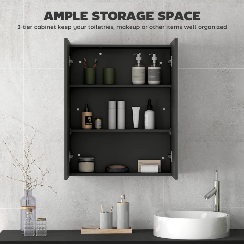 HOMCOM Dulap Suspendat de Baie cu 2 Uși cu Oglindă și 2 Rafturi Interne 60x15x75cm, Negru