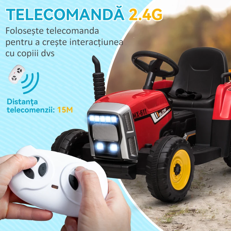 HOMCOM Tractor Electric Copii – 12 V cu Remorca, Muzica & Telecomanda(m-5)
