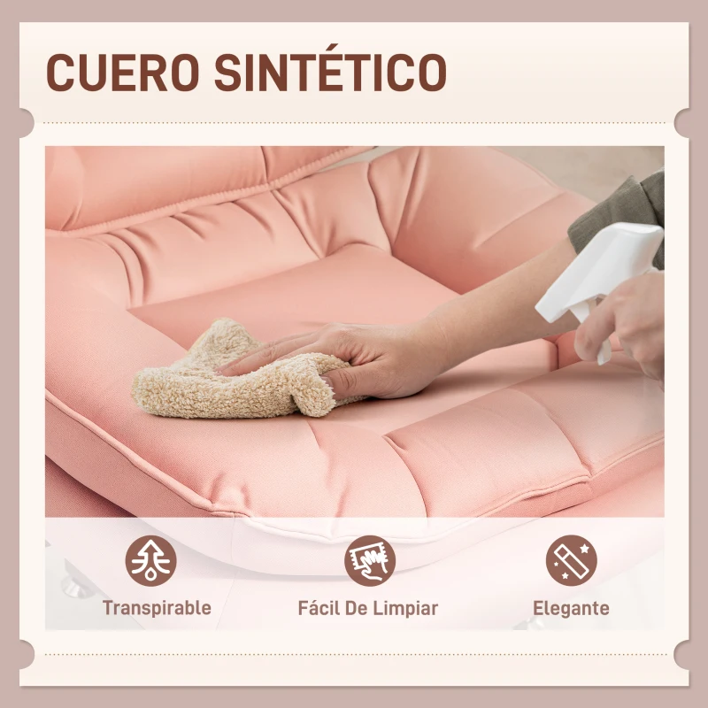 HOMCOM Silla de Oficina Piernas Cruzadas con Asiento Ancho Ruedas Altura Ajustable Doble Acolchado Función Basculante Rosa