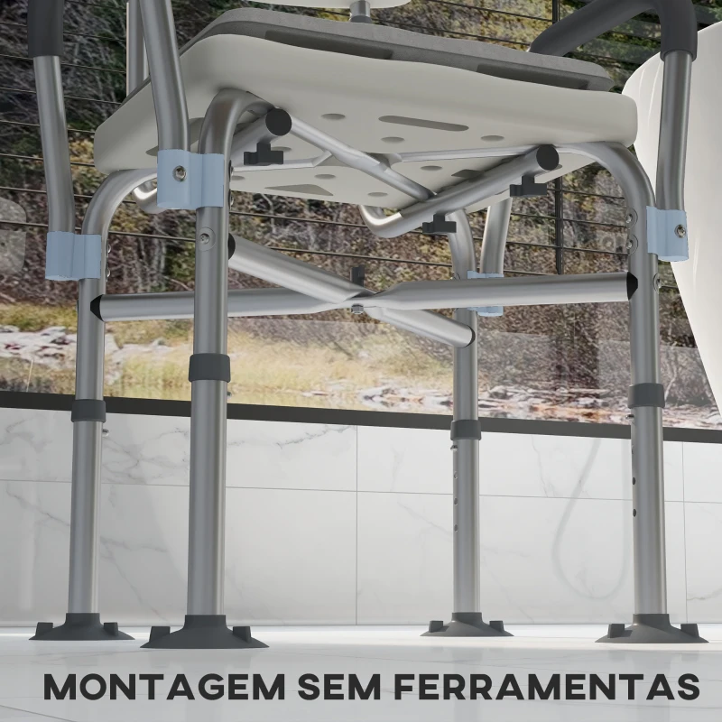 HOMCOM Cadeira de Duche para Idosos com Encosto Apoios de Braço Altura Ajustável Almofada Acolchoada Removível  53,5x52x80-90 cm Branco