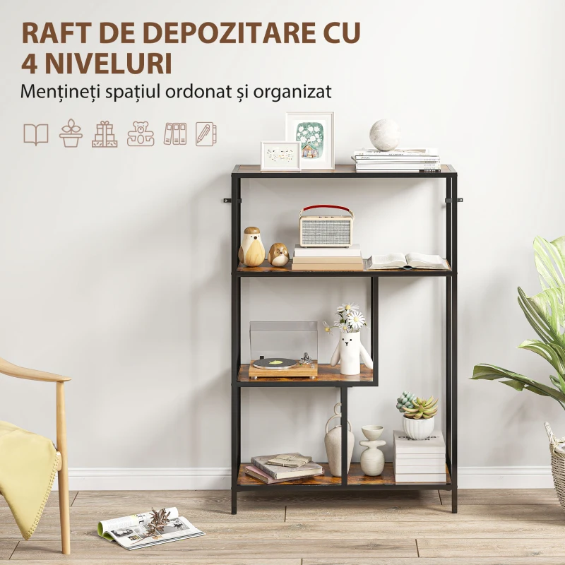 HOMCOM Bibliotecă cu 4 Rafturi, Stil Industrial, Lemn și Metal, 77x30x116cm, Maro