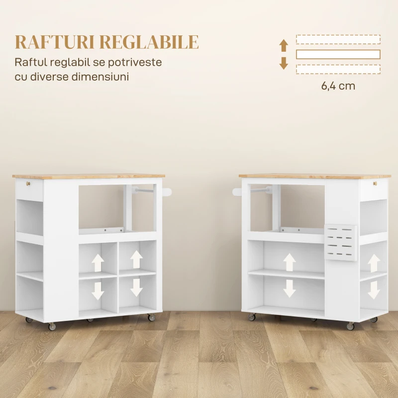 HOMCOM Cărucior Insulă de Bucătărie cu Rafturi Reglabile și Suport pentru Cuțite, Alb