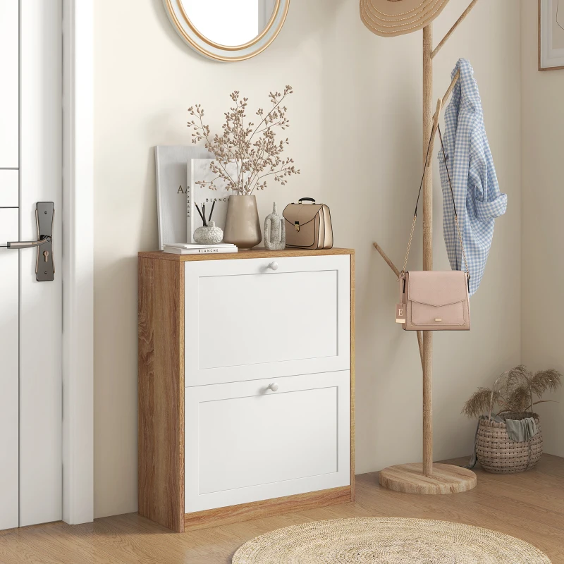 HOMCOM Sapateira Estreita com 2 Portas Prateleiras Ajustáveis para 12 Pares de Sapatos 60x24,5x75,5 cm Mdeira e Branco