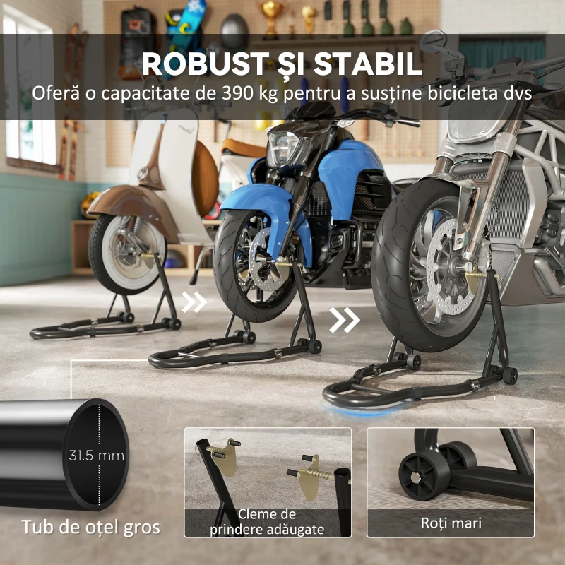 HOMCOM Set de 2 Suporturi Reglabile pentru Motocicletă, Tip Triunghi, din Oțel, Negru