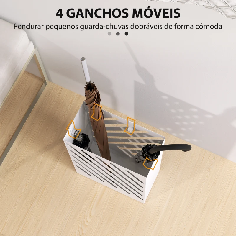 HOMCOM Suporte para Guarda-Chuvas de Aço Galvanizado Estreito com Bandeja de Gotejamento Removível 4 Ganchos 28x14x41 cm Branco