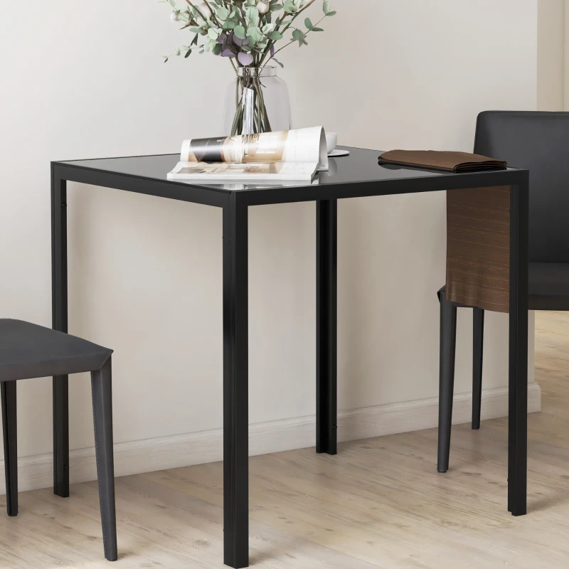 HOMCOM Table à manger pour 4 personnes, table de cuisine avec plateau en verre trempé et pieds en acier, 75 x 75 x 75 cm, noir