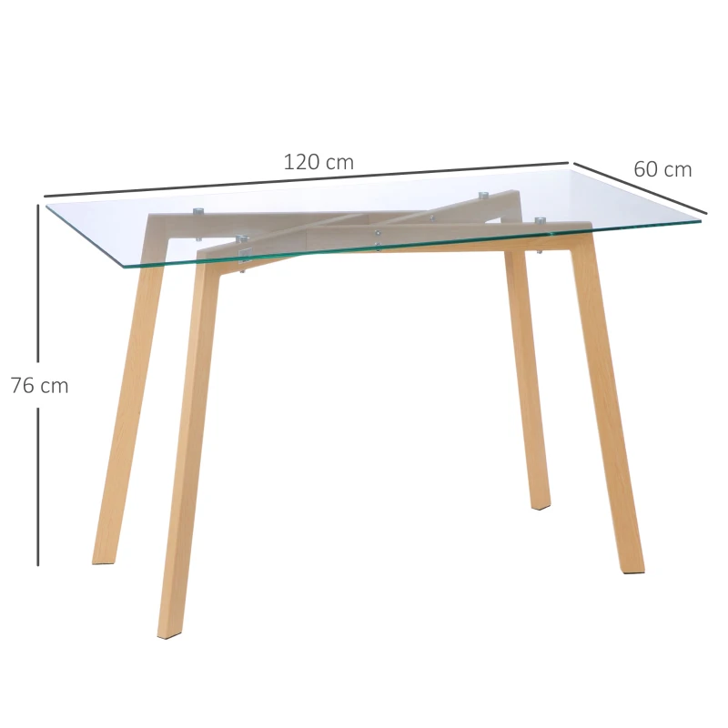HOMCOM Table à manger pour 4 personnes, 120x60x76cm, table de cuisine, plateau en verre trempé et pieds en acier, transparent